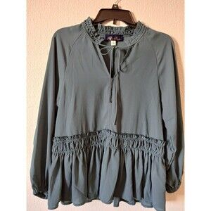 Blue Rain Womens Blouse Blue Peplum Chiffon Long Sleeve V-Neck Drawstring Size S